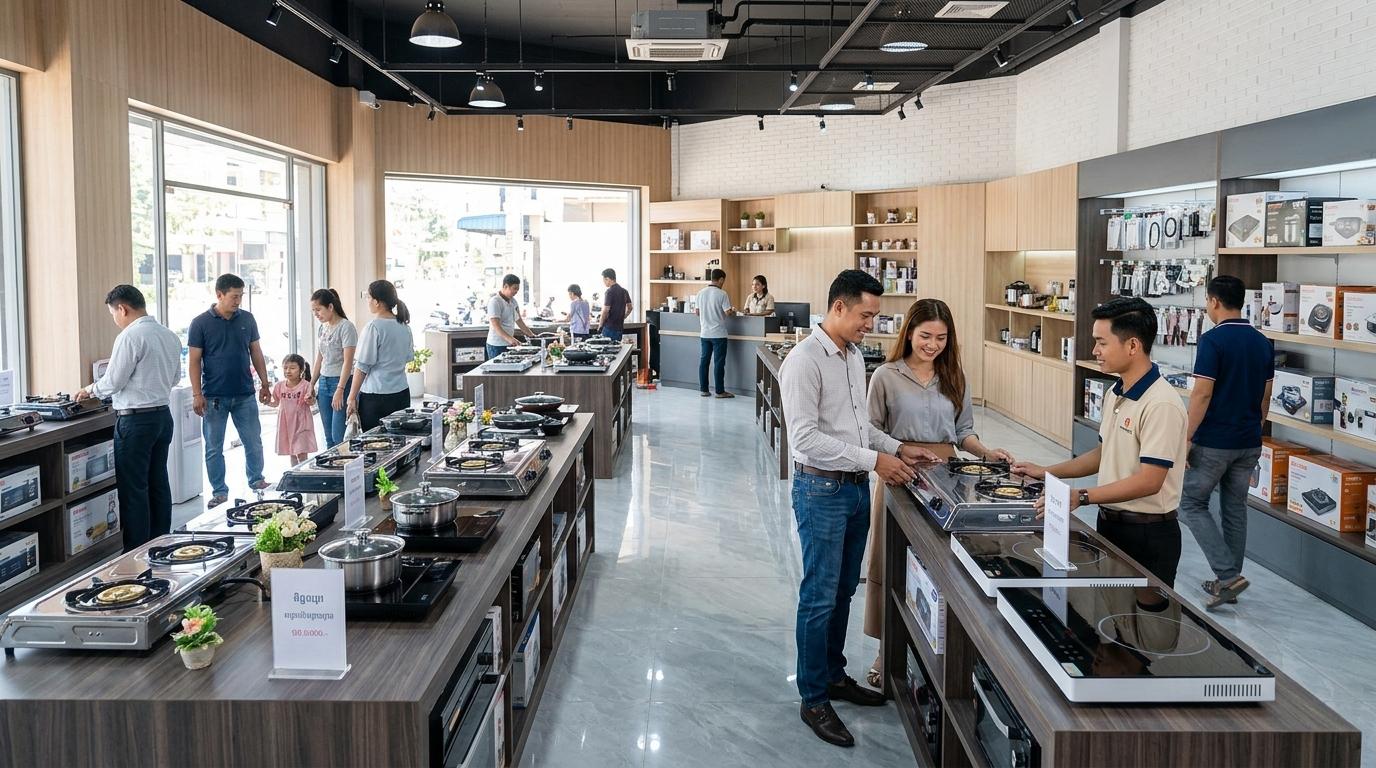 Kitchen appliance distributor warehouse showing gas cookers and cooking appliances ready for Cambodia market delivery