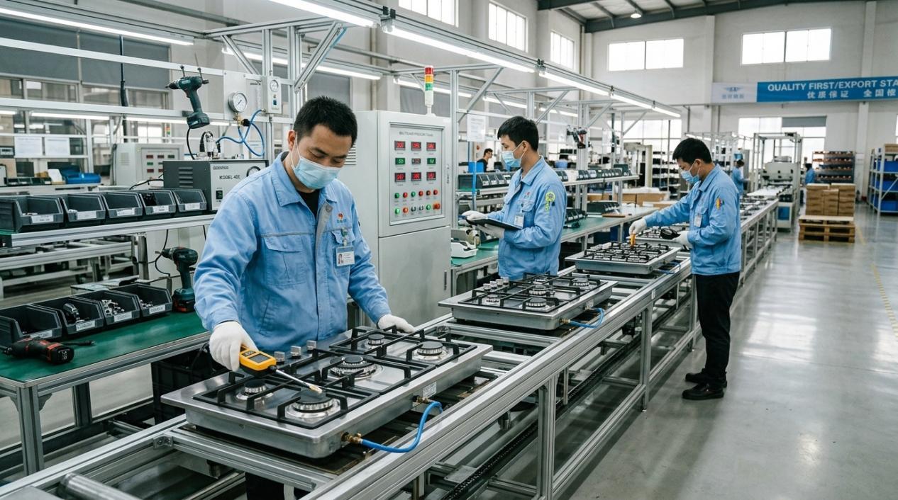 Gas cooktop leak testing in professional manufacturing factory quality control