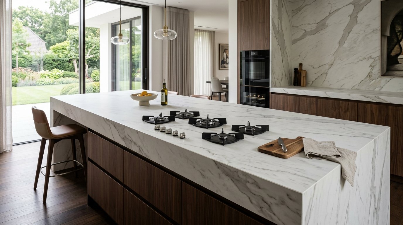 Modern kitchen with CHEFF sintered stone gas hobs installed on a sintered stone countertop island