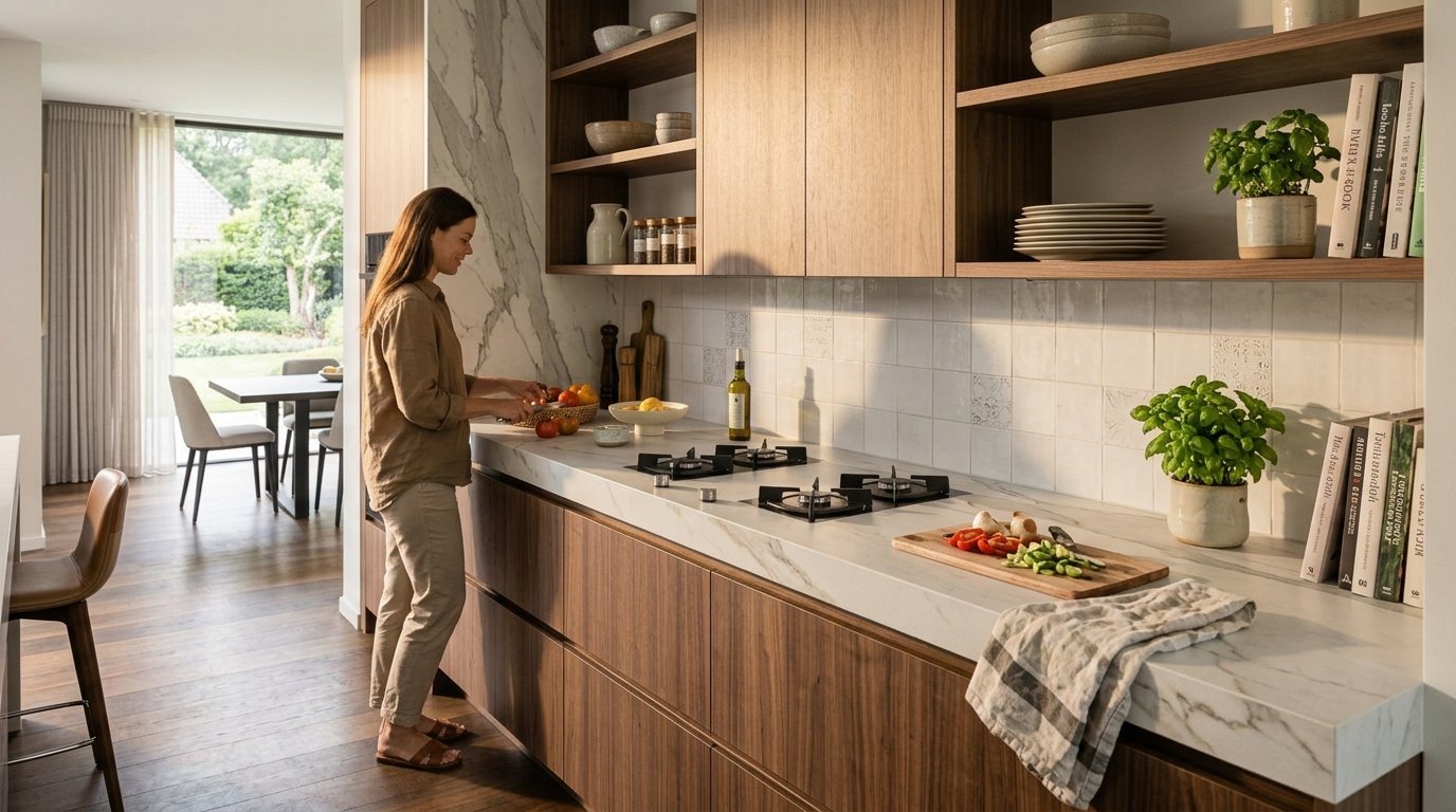 Woman cooking in a warm residential kitchen with CHEFF sintered stone gas hobs and wooden cabinetry