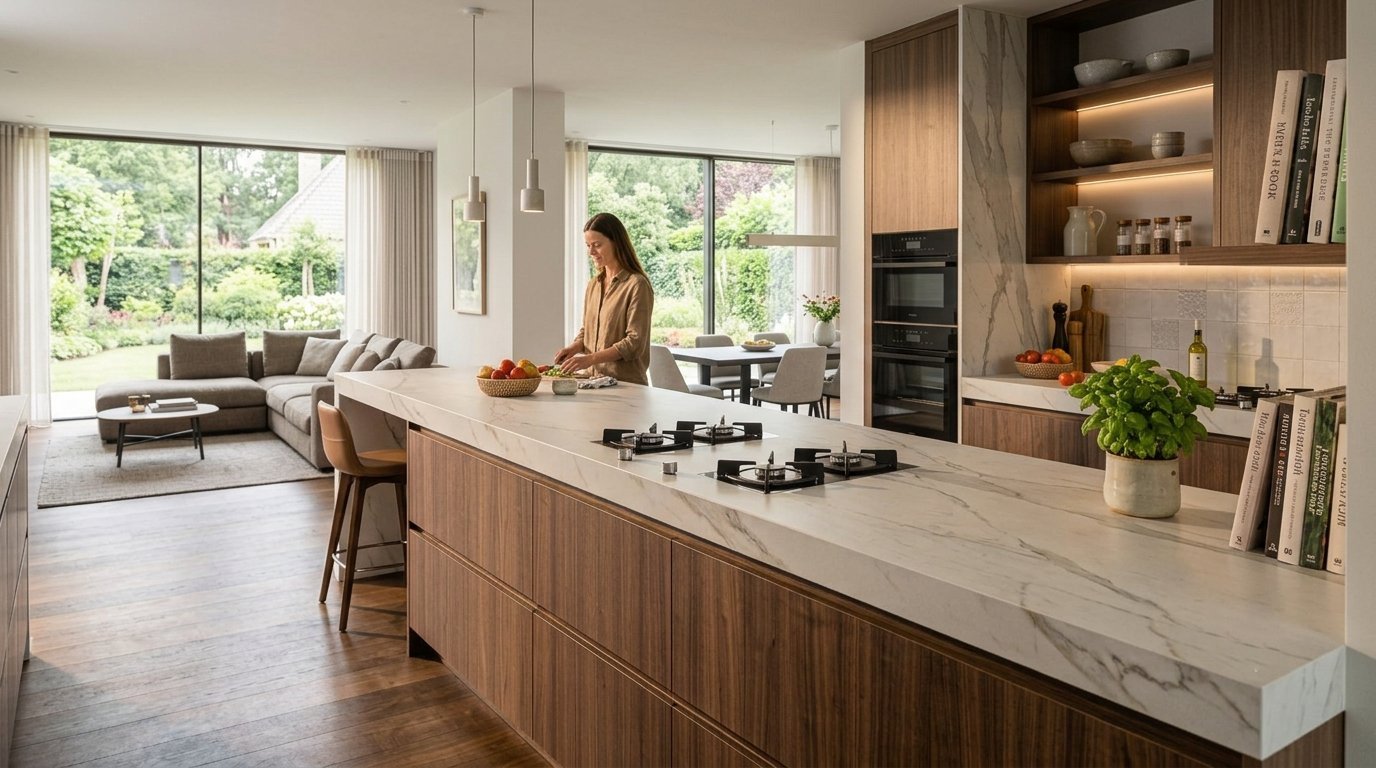 Open-concept kitchen space with CHEFF sintered stone gas hobs integrated into a modern island layout
