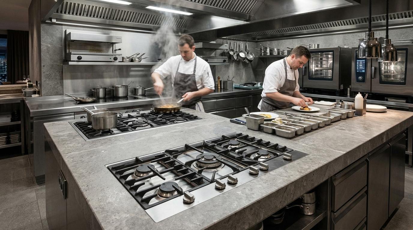 Professional chefs cooking at CHEFF sintered stone gas hobs in a commercial catering kitchen with large island layout