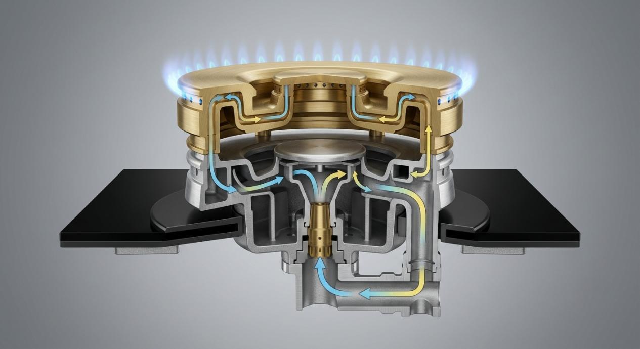 Gas hob burner cap material close-up showing brass component