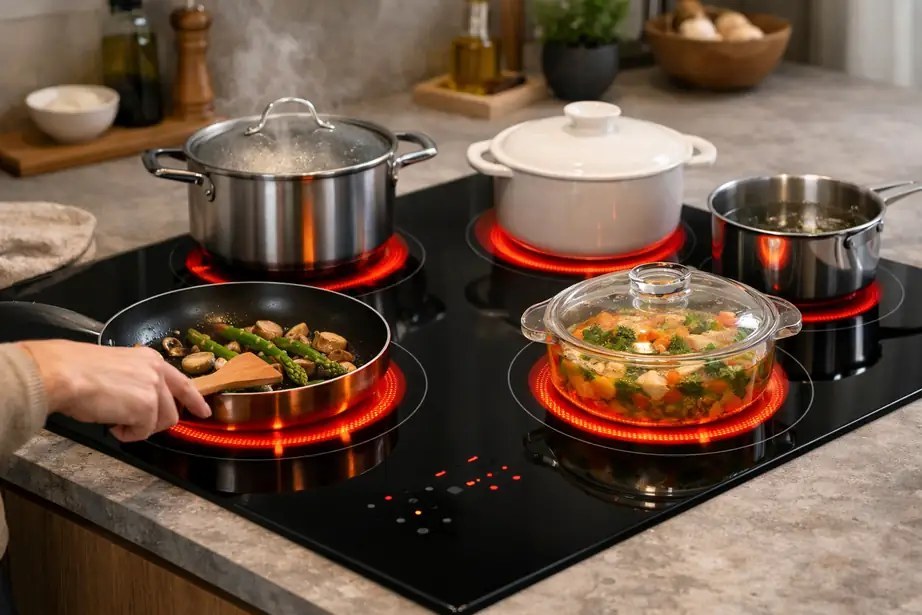 CHEFF infrared cookers comparison — key advantages over induction cooktops including universal cookware compatibility and visible heat indicator