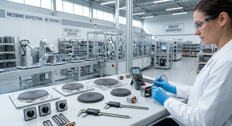 Raw material inspection for CHEFF solid plate hobs — cast iron plates and stainless steel components undergoing quality verification