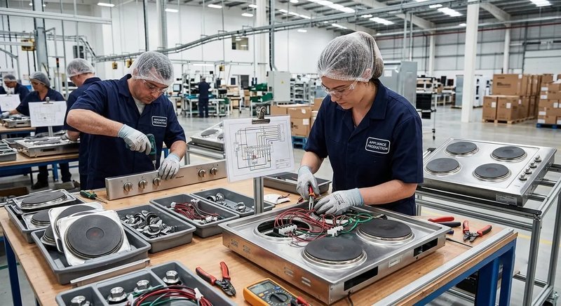 Precision assembly of CHEFF solid plate hobs — skilled technicians mounting plates and connecting wiring at dedicated workstations