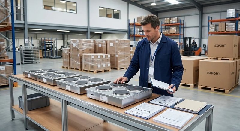 Final inspection of CHEFF solid plate hobs — CE, CB and UKCA certified products ready for global export packaging