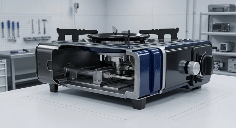 CHEFF body forming and enamel coating process showing cold-rolled steel stamping and heat-resistant enamel finish for portable butane gas stoves
