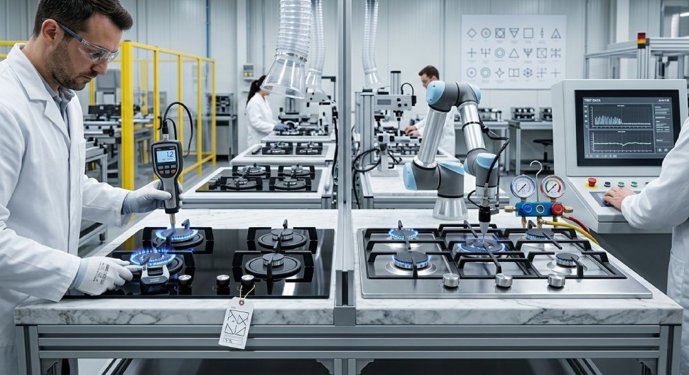 Gas cooktop manufacturer quality control testing for tempered glass and stainless steel gas hobs