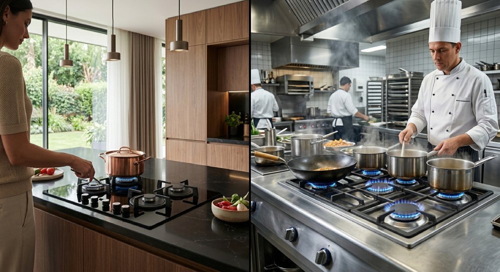 Gas-on-glass gas hob for luxury kitchens and stainless steel gas cooktop for commercial applications