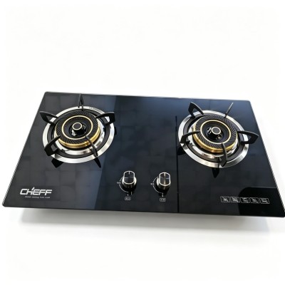 2 Burner Black Tempered Glass Built-in Gas Hob LPG/NG with Enamel Pan Support for Indoor Use | CHEFF