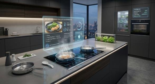 Future IoT kitchen with interconnected smart appliances and AI-powered cooking assistance