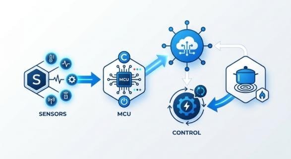 IoT induction cooktop showing sensor system and closed-loop control architecture