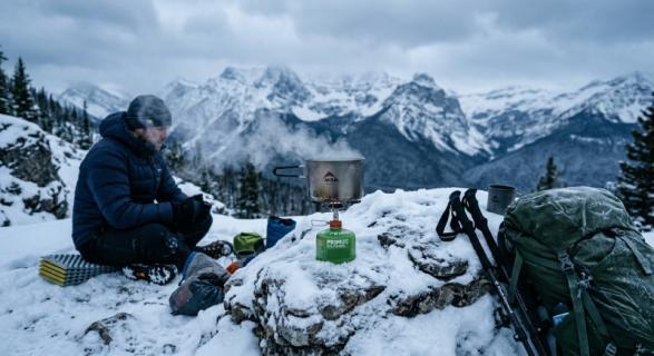 Portable gas camping stove in winter snow camping environment with fuel canister