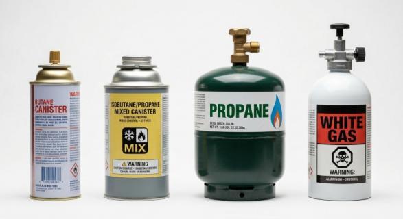 Comparison of camping fuel types: butane, isobutane, propane, and white gas canisters