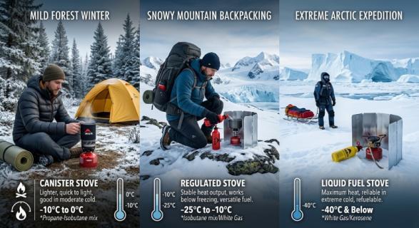 Winter camping stove selection decision guide showing temperature and fuel type matching
