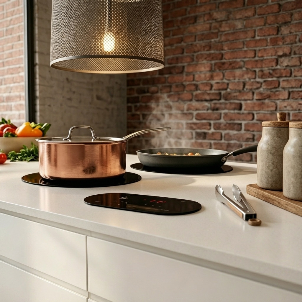 invisible induction hob under countertop kitchen scene
