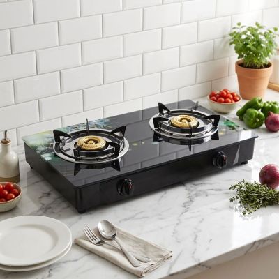 2 Burner 7MM Tempered Glass Tabletop Gas Cooker LPG/NG with Brass Burner Cap for Family | CHEFF