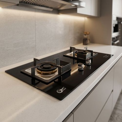 2 Burner Tempered Glass Built-in Gas Hob LPG/NG with Enamel Pan Support for Home Kitchen | CHEFF