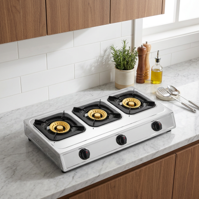 3 Burner Stainless Steel Tabletop Gas Stove LPG/NG Gas Hob with Enamel Pan Support for Hotel | CHEFF