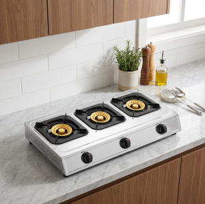 3 Burner Stainless Steel Tabletop Gas Stove LPG/NG Gas Hob with Enamel Pan Support for Hotel | CHEFF