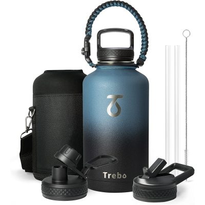 Water bottle with umbrella rope handle 64 ounces wide mouth insulation double-layer stainless steel