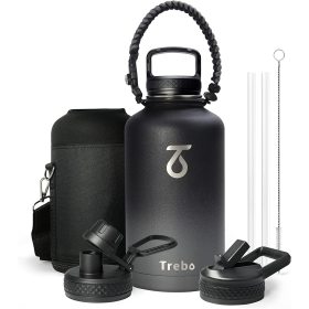 Water bottle with umbrella rope handle 64 ounces wide mouth insulation double-layer stainless steel