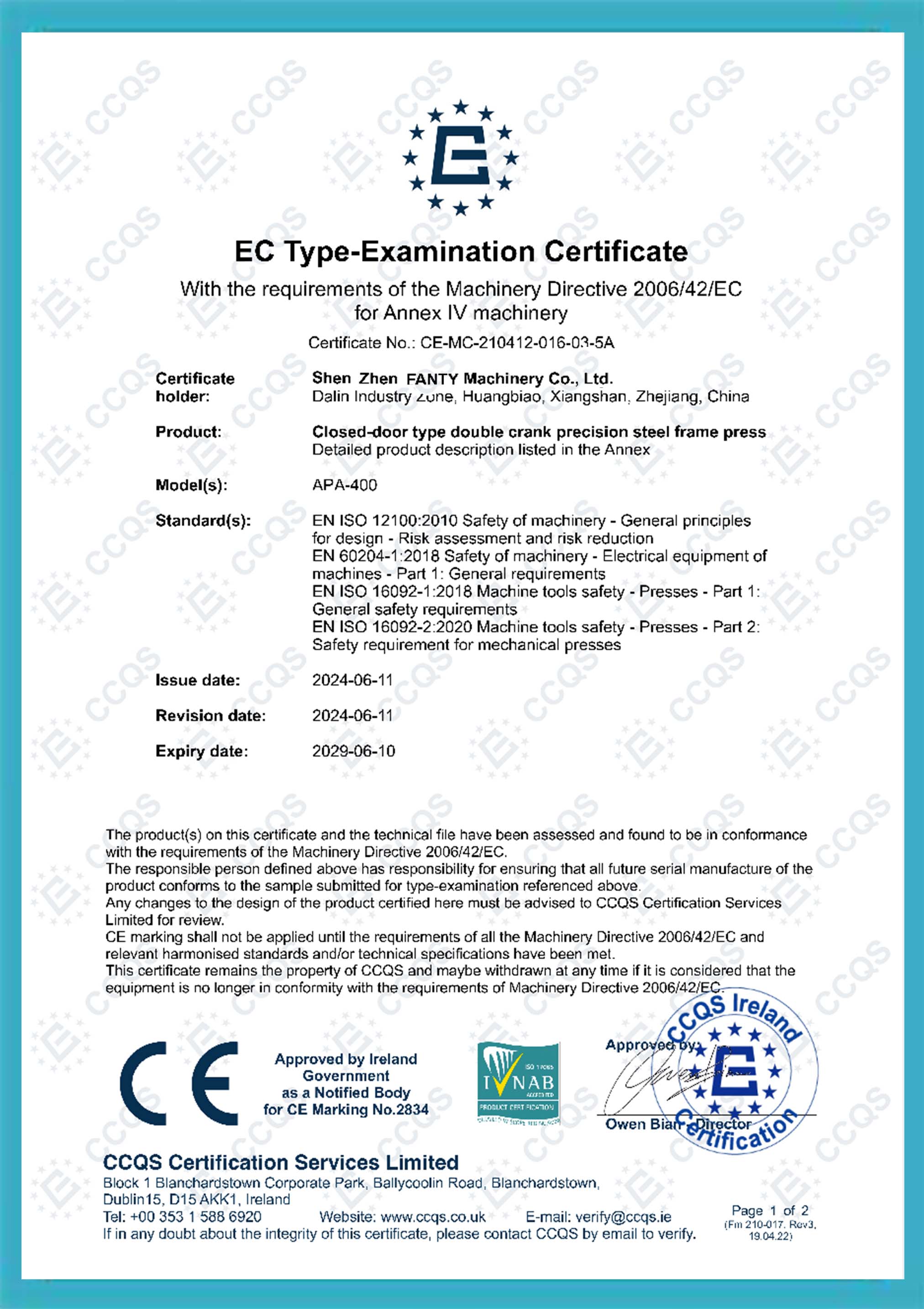 Fanty Punch Press CE Certificate