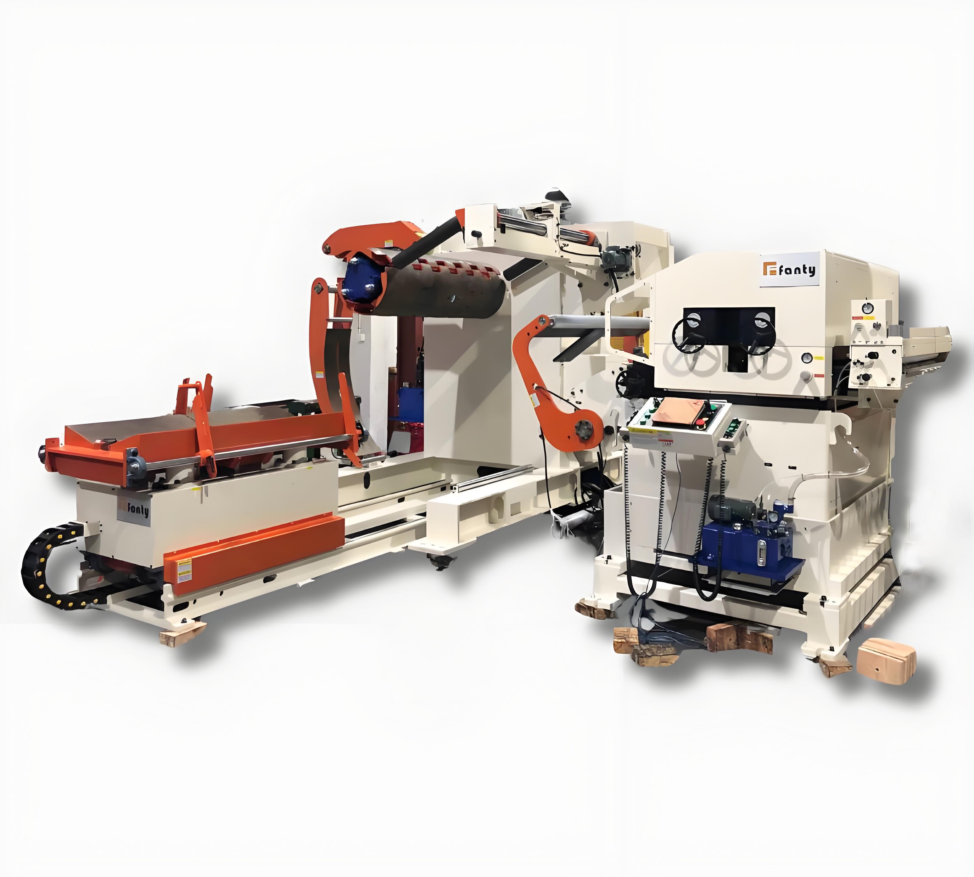 FANTY 3-in-1 decoiler straightener feeder on its shipping skid before dispatch