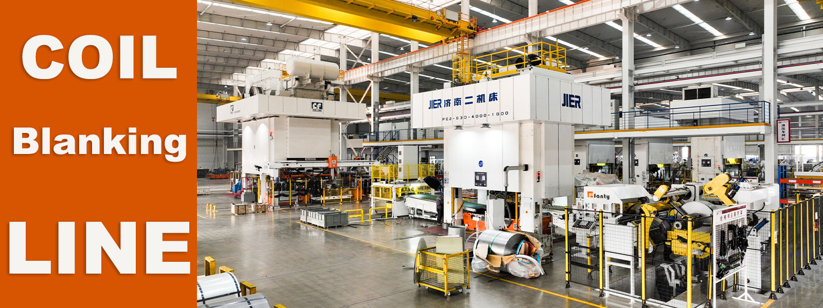 Automatic decoiler machine feeding steel coil into modern industrial stamping line