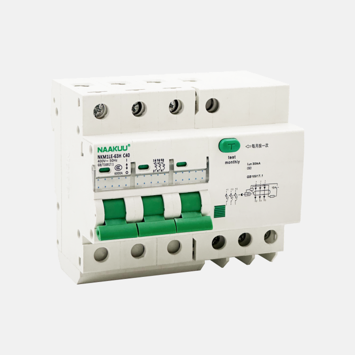 NKM1LE-63H 3 pôles 16A 3 phases RCBO RCCB disjoncteur à courant résiduel pour l'électricité industrielle