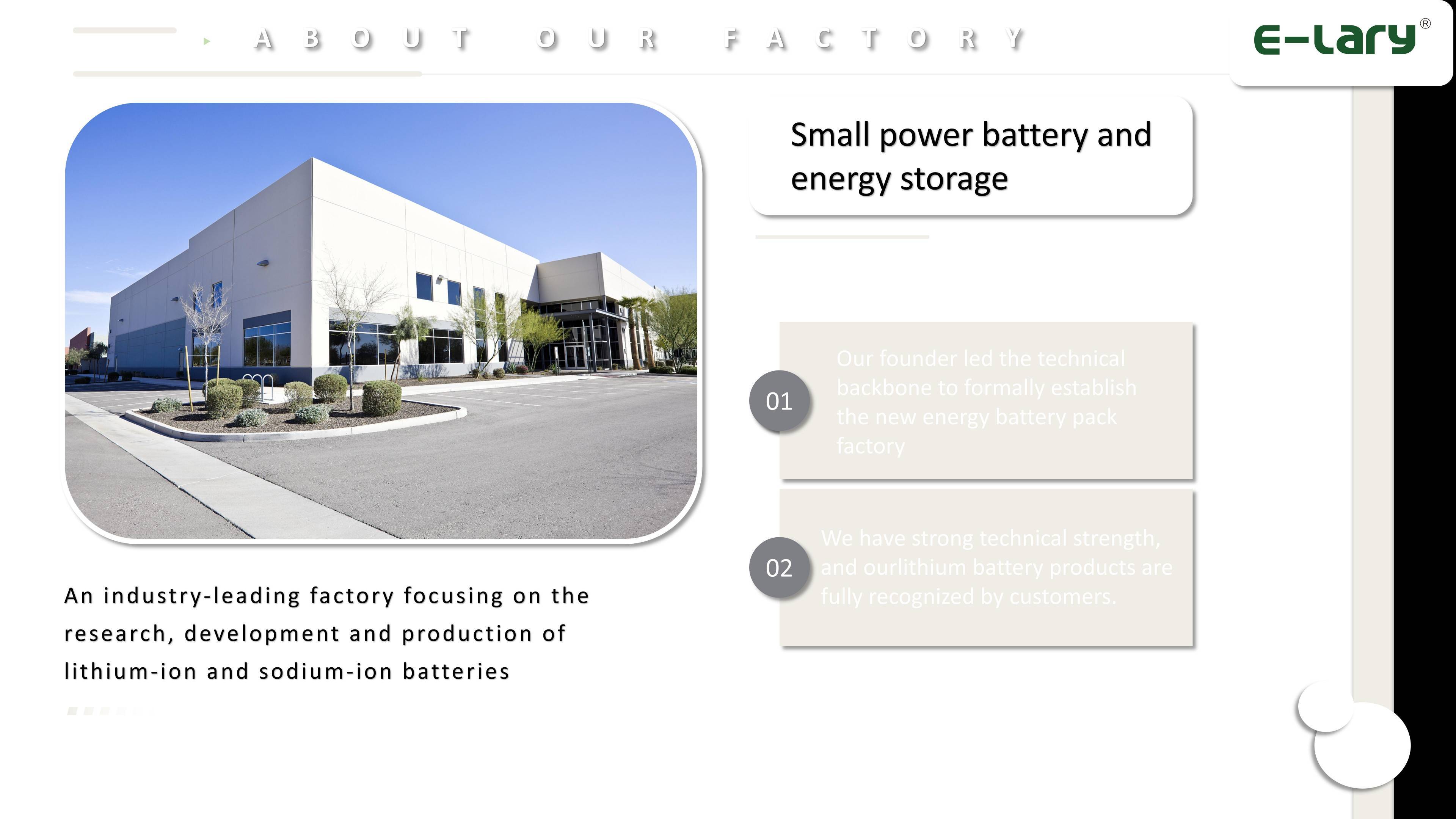 Perfil de la empresa E-lary sobre baterías de litio para motocicletas
