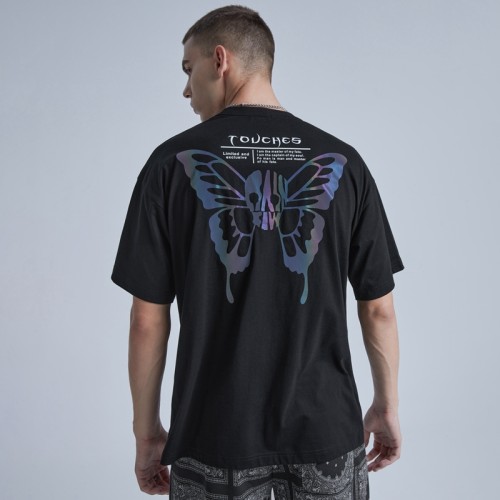Benutzerdefinierte T-Shirts für Herren, mehrfarbig, reflektierender Druck, Schmetterlingsdruck, dunkles T-Shirt