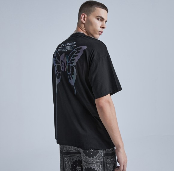 Benutzerdefinierte T-Shirts für Herren, mehrfarbig, reflektierender Druck, Schmetterlingsdruck, dunkles T-Shirt