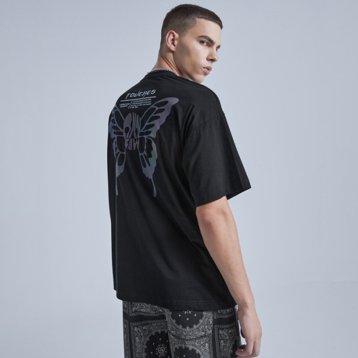 Benutzerdefinierte T-Shirts für Herren, mehrfarbig, reflektierender Druck, Schmetterlingsdruck, dunkles T-Shirt