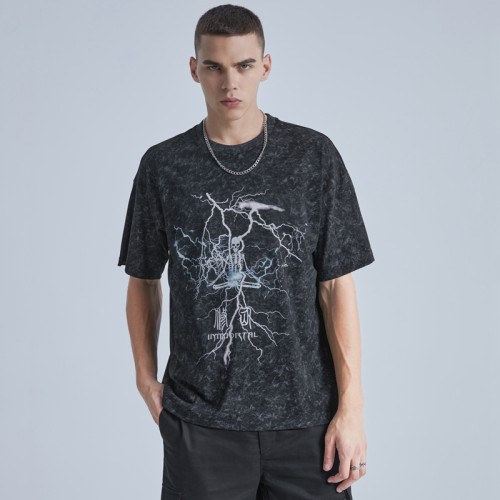 Футболки на заказ, 220 г, принт, мытая винтажная футболка с принтом скелета, темная футболка