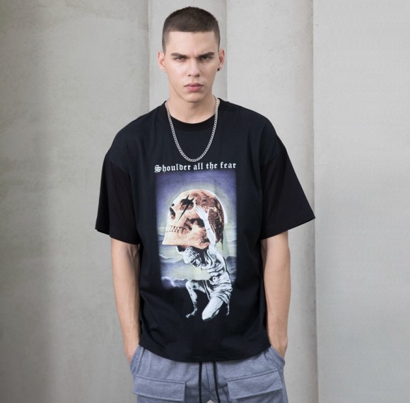 Herstellung dunkler benutzerdefinierter Skelett-T-Shirts mit Totenkopfmuster, kreativer Druck, T-Shirts für Herren