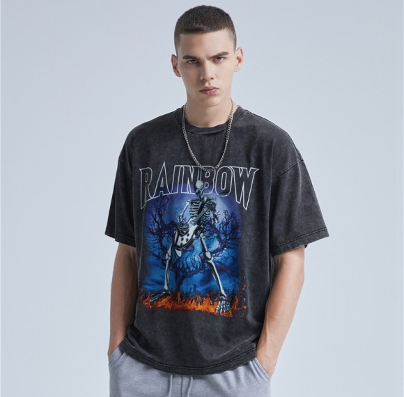 Custom T-shirts Direct Injection Printing Washed Vintage Graphic Printing Skeleton Dark T-shirts