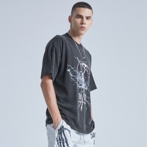 Manufacturing Custom Skeleton Graphic T-shirts Snow Washed Vintage Graphic Printing Dark T-shirts