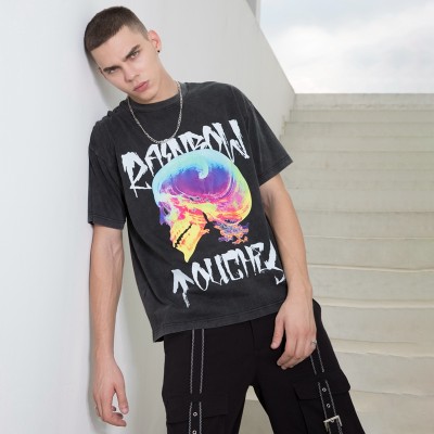 Manufacturing Custom Tshirts Dark Colorful Skull Printed Washed Tshirts Men