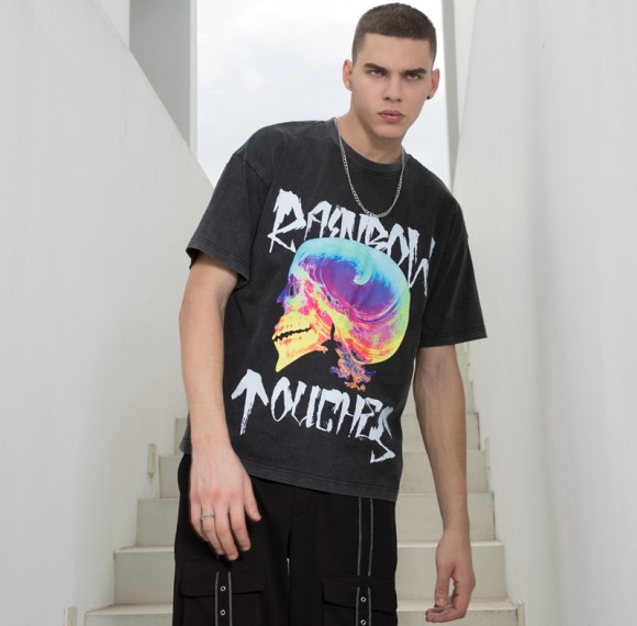 Herstellung von benutzerdefinierten T-Shirts mit dunklem, buntem Schädeldruck und gewaschenen T-Shirts für Männer