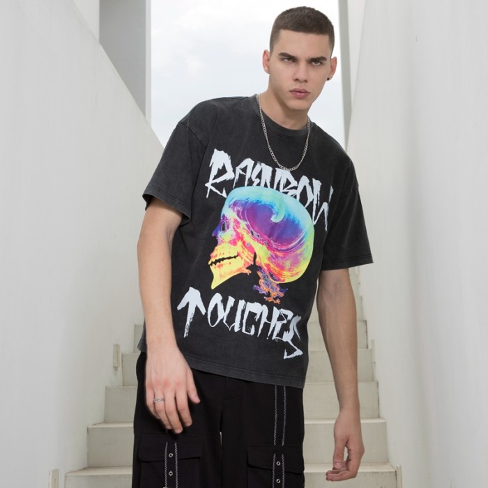 Herstellung von benutzerdefinierten T-Shirts mit dunklem, buntem Schädeldruck und gewaschenen T-Shirts für Männer