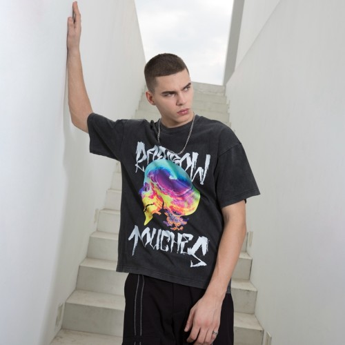 Manufacturing Custom Tshirts Dark Colorful Skull Printed Washed Tshirts Men