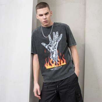 Custom Tshirts 220 Grams Acid Washed Fire Printing Mens Black Cotton Tshirts