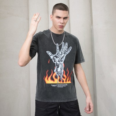 Custom Tshirts 220 Grams Acid Washed Fire Printing Mens Black Cotton Tshirts