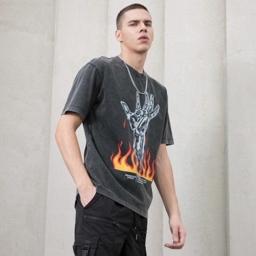 Custom Tshirts 220 Grams Acid Washed Fire Printing Mens Black Cotton Tshirts