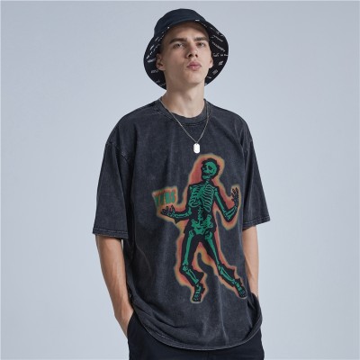 Individuelle Streetwear mit dunklem Thema | Schwarze Herren-T-Shirts mit Totenkopf-Muster, säuregewaschen, Direkteinspritzdruck