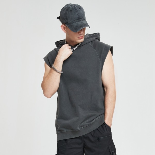 Изготовленные на заказ 380-граммовые черные мужские футболки для керлинга с кислотной стиркой и капюшоном без рукавов