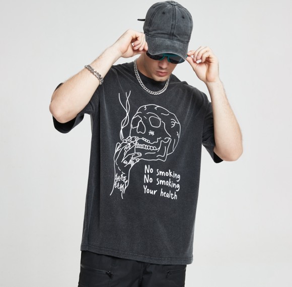 Custom Skeleton T Shirts Acid Washing Screen Printing Oversize Men Dark Tshirts