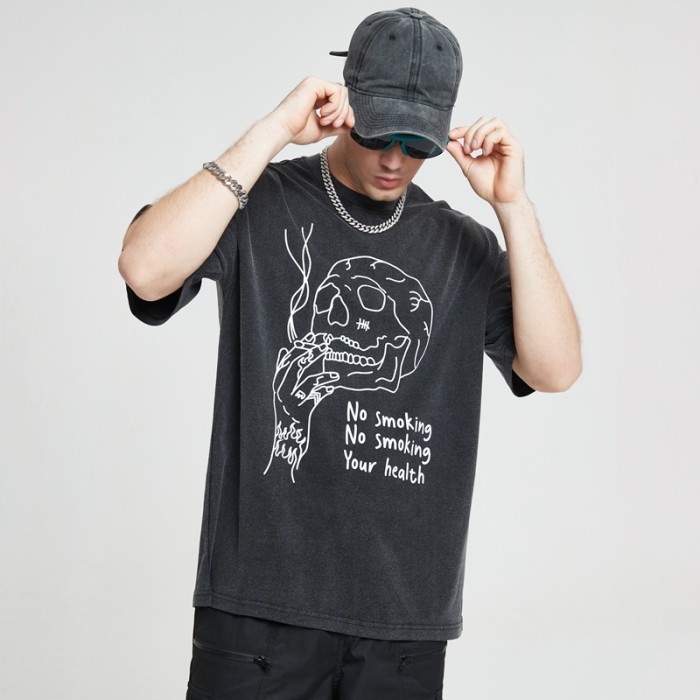 Custom Skeleton T Shirts Acid Washing Screen Printing Oversize Men Dark Tshirts